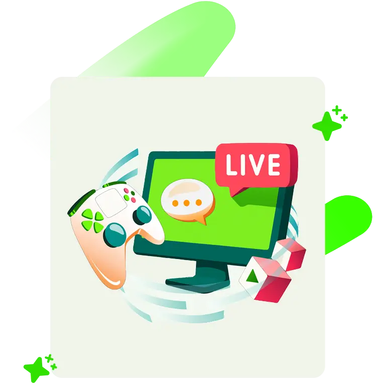 Ilustração representando as vantagens da Nio Fibra para Gamers: Jostick e Live Streaming