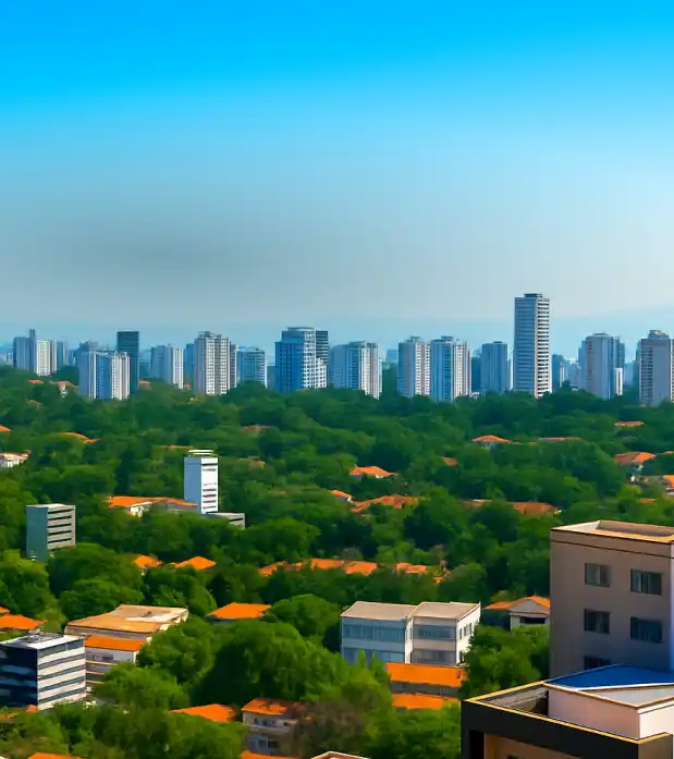 Chegou a Nio: internet fibra com preço fixo até janeiro de 2028 Paisagem com prédios altos ao fundo e área arborizada em primeiro plano